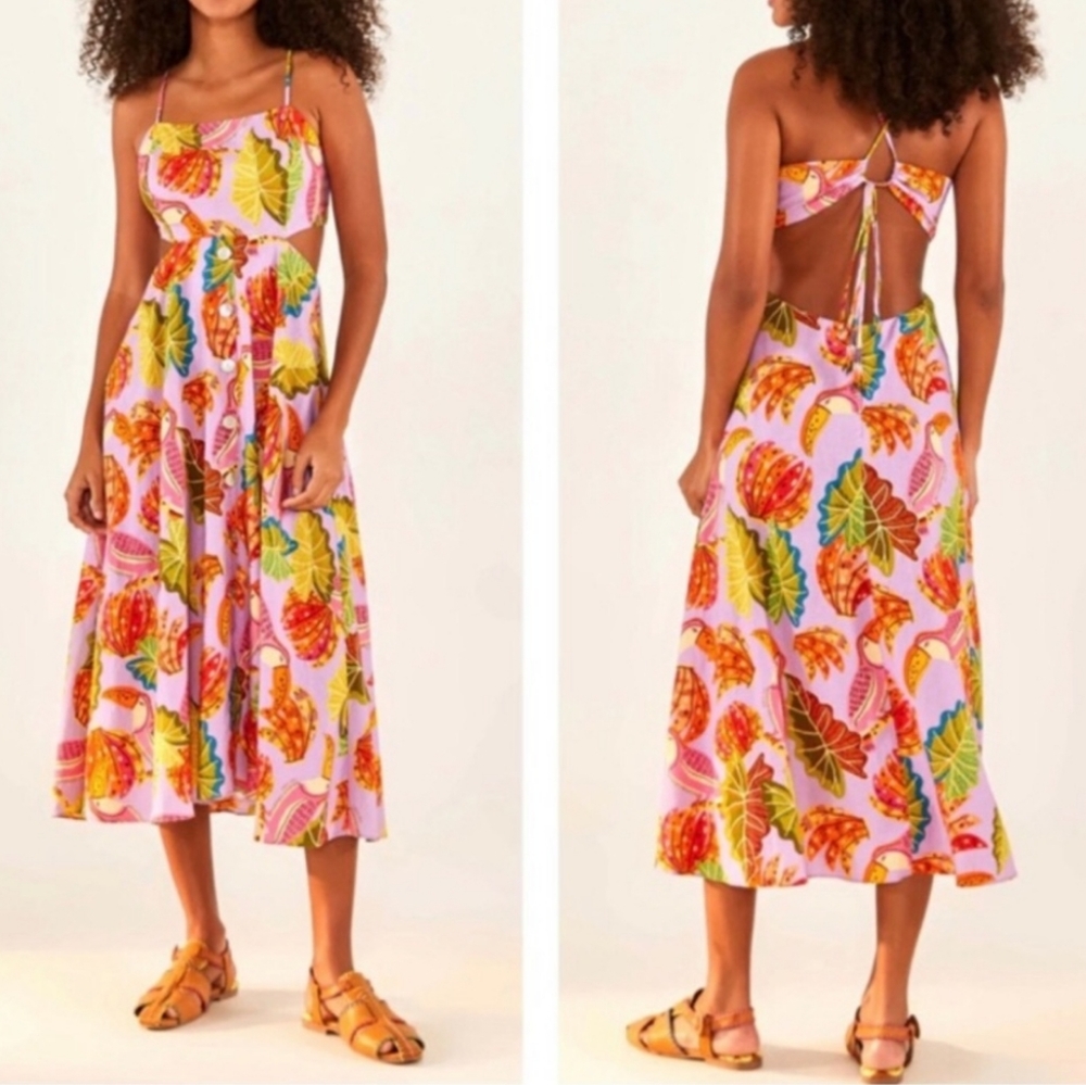 Farm Rio NWT Lilac Beaks & Bananas Midi Dress